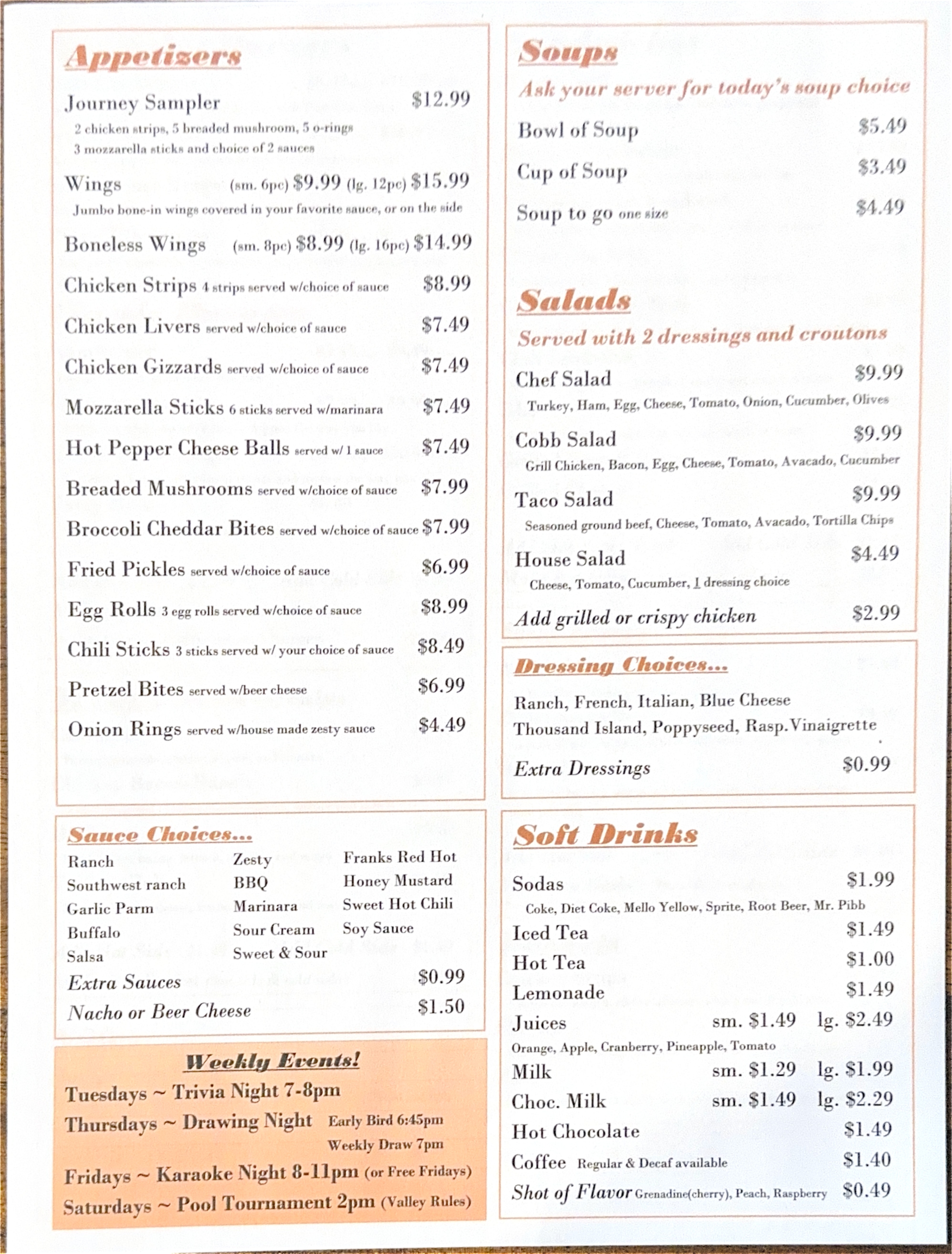 Journey's End Menu — Burgers, Sandwiches, Wraps, Sides